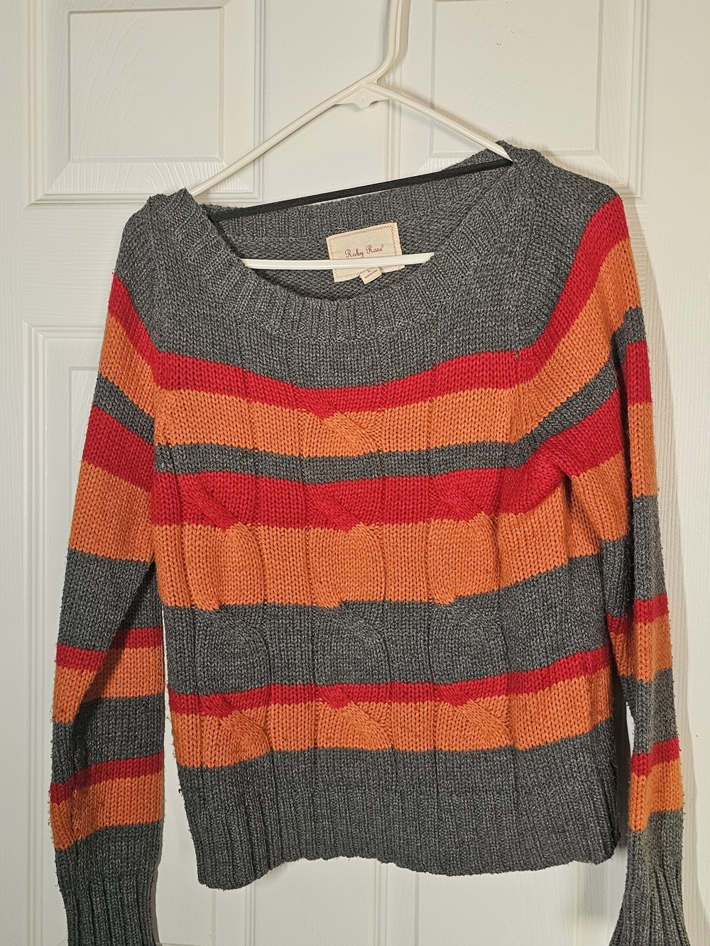 Striped Square Neck Sweater in Gray, Orange & Red